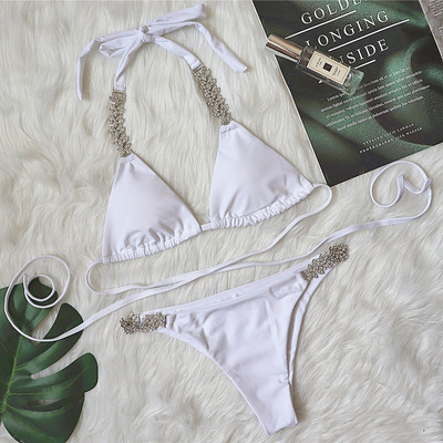 Bikini sexy cu strasuri 2022 pentru femei, negru, solid, cu tăietură înaltă, cu bandaj de lux, costum de baie, costum de baie cu diamante de cristal, costum de baie mini
