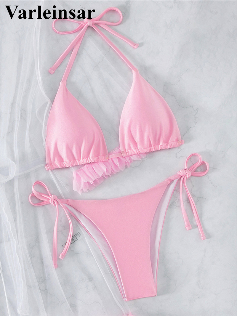 Fodros borítással Halter Bikini Női fürdőruha Női fürdőruha Háromrészes bikini szett fürdőruha Swim Lady V4330