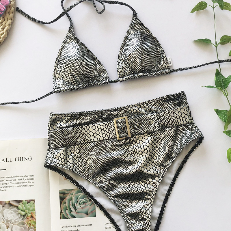 Seksi kupaći kostimi Ženski krokodilski otisak zmijske kože Neonsko zeleni bikini visokog struka za plažu Push up kupaći kostim s pojasom Maillot De Bain Femme