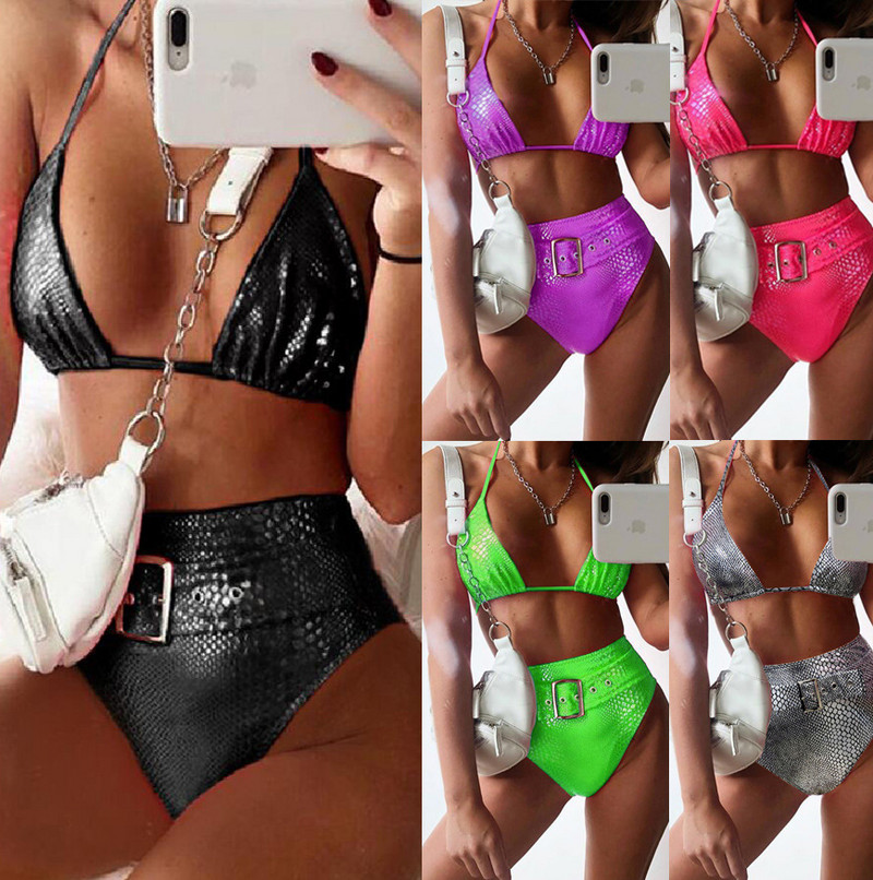 Seksi kupaći kostimi Ženski krokodilski otisak zmijske kože Neonsko zeleni bikini visokog struka za plažu Push up kupaći kostim s pojasom Maillot De Bain Femme