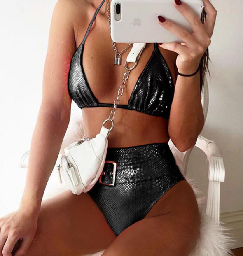 Seksi kupaći kostimi Ženski krokodilski otisak zmijske kože Neonsko zeleni bikini visokog struka za plažu Push up kupaći kostim s pojasom Maillot De Bain Femme