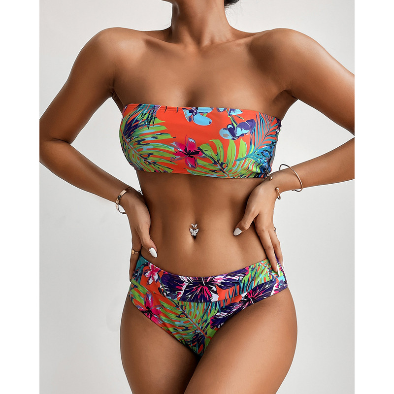 Letné plážové oblečenie s vysokým pásom, bikiny Bandeau 2022, dámske sexi plavky s potlačou a odhalenými ramenami, s hlbokým výstrihom a vysokým pásom.