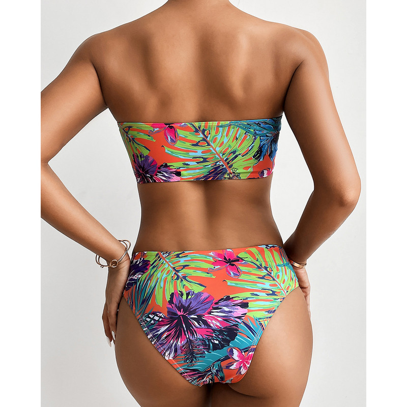 Letné plážové oblečenie s vysokým pásom, bikiny Bandeau 2022, dámske sexi plavky s potlačou a odhalenými ramenami, s hlbokým výstrihom a vysokým pásom.