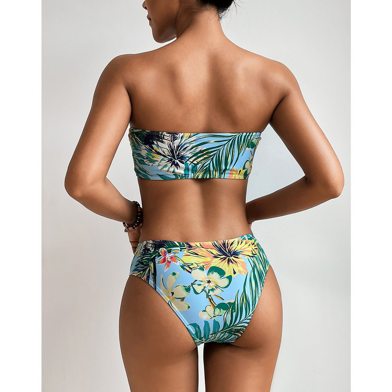 Letné plážové oblečenie s vysokým pásom, bikiny Bandeau 2022, dámske sexi plavky s potlačou a odhalenými ramenami, s hlbokým výstrihom a vysokým pásom.