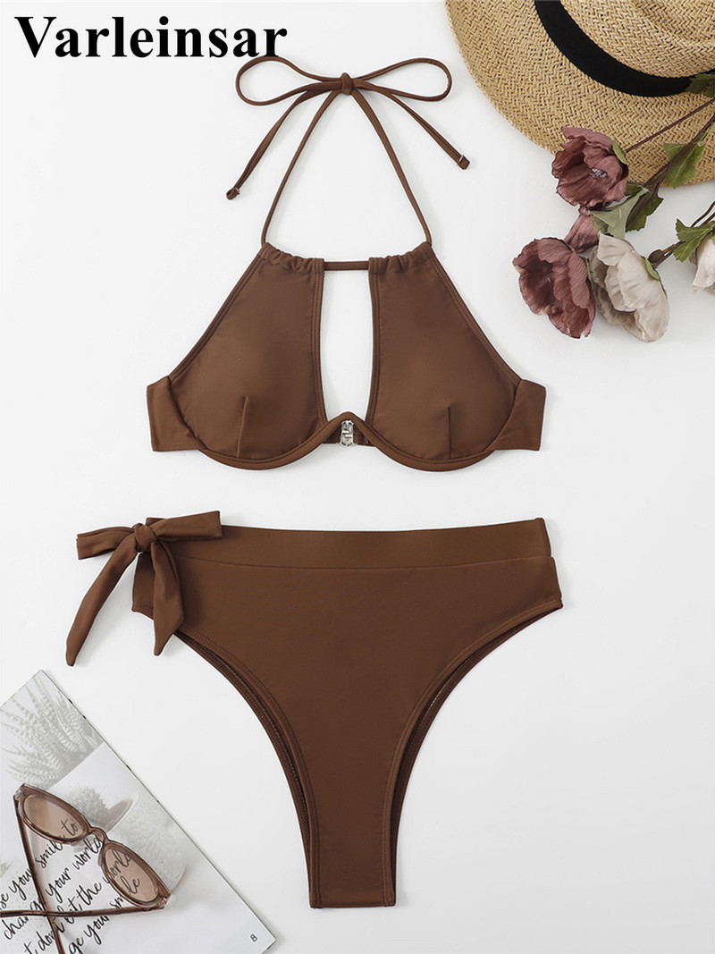 Costum de baie pentru femeie, cu sârmă cu sârmă, cu bară în V, Bikini cu talie înaltă, Costume de baie pentru femei Set de bikini din două piese Costum de baie pentru baie V4316