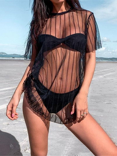 Csíkos háló, átlátszó, rövid ujjú tunika Beach takaró takaró Strandruha Strandruha Strandruha Női női V4067