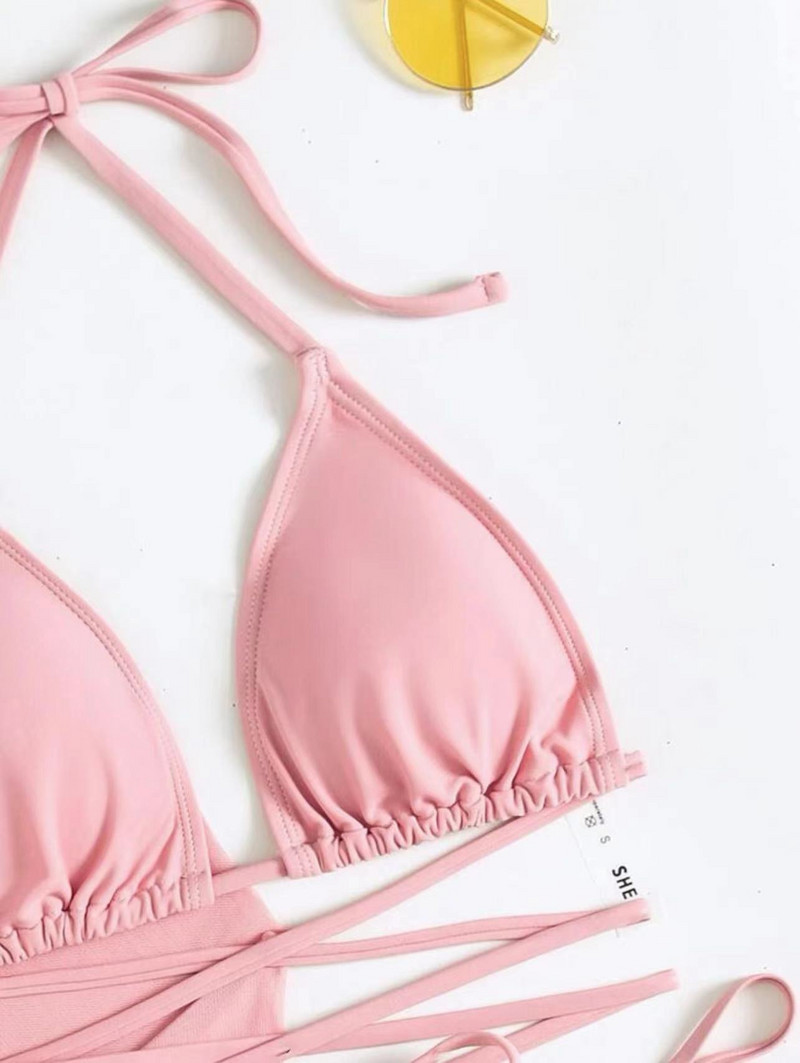 Rózsaszín bojtcsíkok négyrészes fürdőruha háromszög táska bikini szett női 2022 hosszú ujjú fényvédő géz szoknya fürdőruha bikini