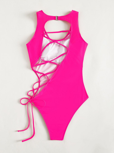 2022-es bikinik, női, soild színű, szexi, kivágott, egyrészes fürdőruha, húzózsinóros keresztkötésű fürdőruha, hát nélküli nyári strandruha