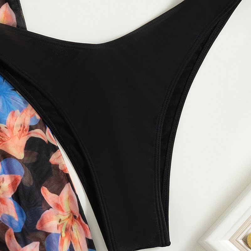 Szexi mintás női bikini háromrészes fürdőruha háromszög táska kötőfék bikini tüll nadrág strand magas derekú fürdőruha fürdőruha