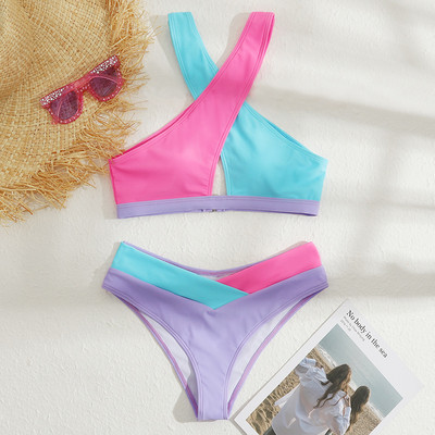 Szexi, magas derekú bikini 2022-es női magas nyakú, patchwork push up kétrészes fürdőruha strandkötéses fürdőruha mikro fürdőruha