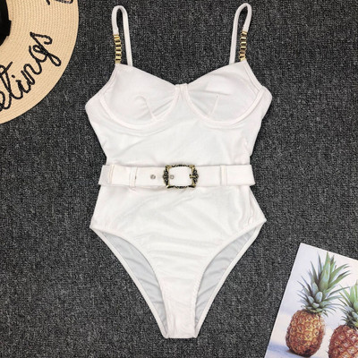 Costum de baie negru, solid, cu cataramă, pentru femei, cu cureaua cu lanț metalic, costum de baie cu push-up, monokini pentru controlul burticii