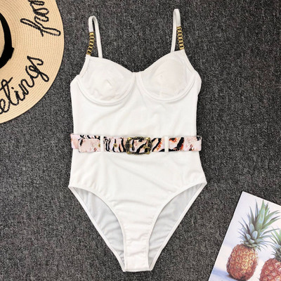 Costum de baie negru, solid, cu cataramă, pentru femei, cu cureaua cu lanț metalic, costum de baie cu push-up, monokini pentru controlul burticii