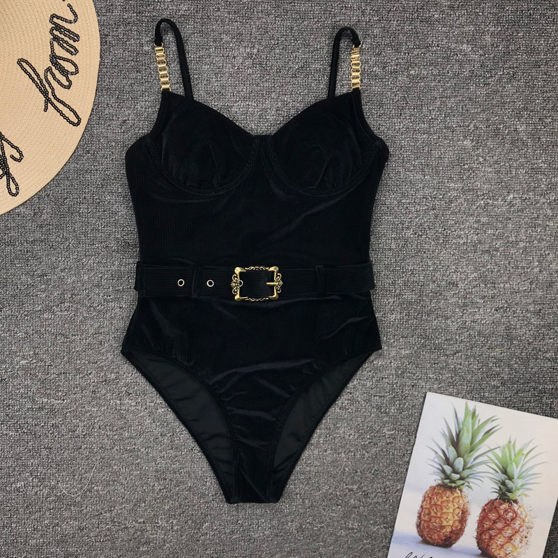 Costum de baie negru, solid, cu cataramă, pentru femei, cu cureaua cu lanț metalic, costum de baie cu push-up, monokini pentru controlul burticii