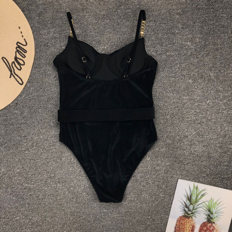 Costum de baie negru, solid, cu cataramă, pentru femei, cu cureaua cu lanț metalic, costum de baie cu push-up, monokini pentru controlul burticii