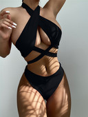 Szexi magas nyakú kereszt bikini szett 2022 női tömör fehér fekete Push Up hollow out fürdőruha nyári fürdőruha magas derekú fürdőruha