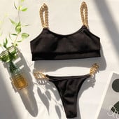 Szexi Micro Bikini 2022 Solid Black Push Up Melltartó Láncos Fém Szíjas Úszóruha Brazil Beach fürdőruha Tanga fürdőruha Biquini