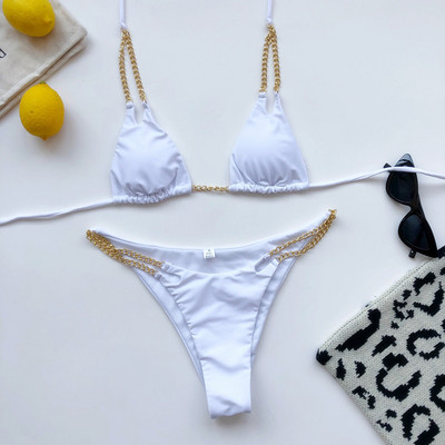 Szexi Micro Bikini 2022 Solid Black Push Up Melltartó Láncos Fém Szíjas Úszóruha Brazil Beach fürdőruha Tanga fürdőruha Biquini