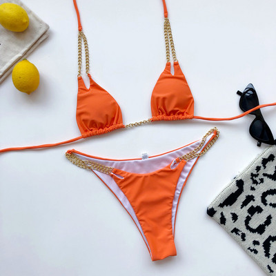 Szexi Micro Bikini 2022 Solid Black Push Up Melltartó Láncos Fém Szíjas Úszóruha Brazil Beach fürdőruha Tanga fürdőruha Biquini