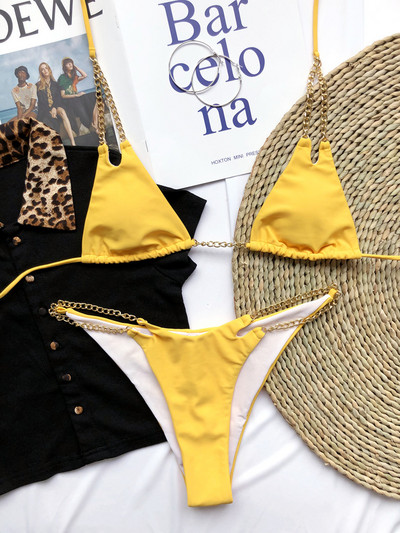 Szexi Micro Bikini 2022 Solid Black Push Up Melltartó Láncos Fém Szíjas Úszóruha Brazil Beach fürdőruha Tanga fürdőruha Biquini