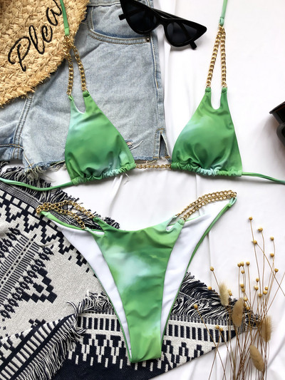 Szexi Micro Bikini 2022 Solid Black Push Up Melltartó Láncos Fém Szíjas Úszóruha Brazil Beach fürdőruha Tanga fürdőruha Biquini