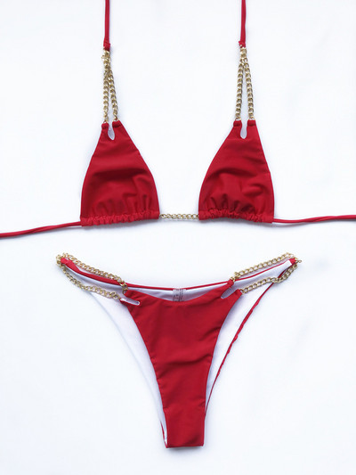 Szexi Micro Bikini 2022 Solid Black Push Up Melltartó Láncos Fém Szíjas Úszóruha Brazil Beach fürdőruha Tanga fürdőruha Biquini