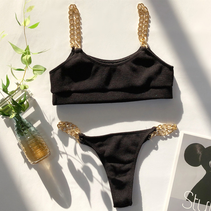 Szexi Micro Bikini 2022 Solid Black Push Up Melltartó Láncos Fém Szíjas Úszóruha Brazil Beach fürdőruha Tanga fürdőruha Biquini