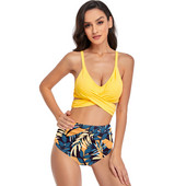 Levelek nyomat magas derekú bikini szett Női mély V nyakú Push Up párnázott kereszt kétrészes fürdőruha Strand fürdőruha Rakott fürdőruha