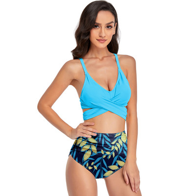 Levelek nyomat magas derekú bikini szett Női mély V nyakú Push Up párnázott kereszt kétrészes fürdőruha Strand fürdőruha Rakott fürdőruha