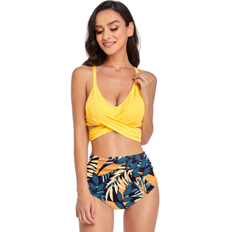 Levelek nyomat magas derekú bikini szett Női mély V nyakú Push Up párnázott kereszt kétrészes fürdőruha Strand fürdőruha Rakott fürdőruha