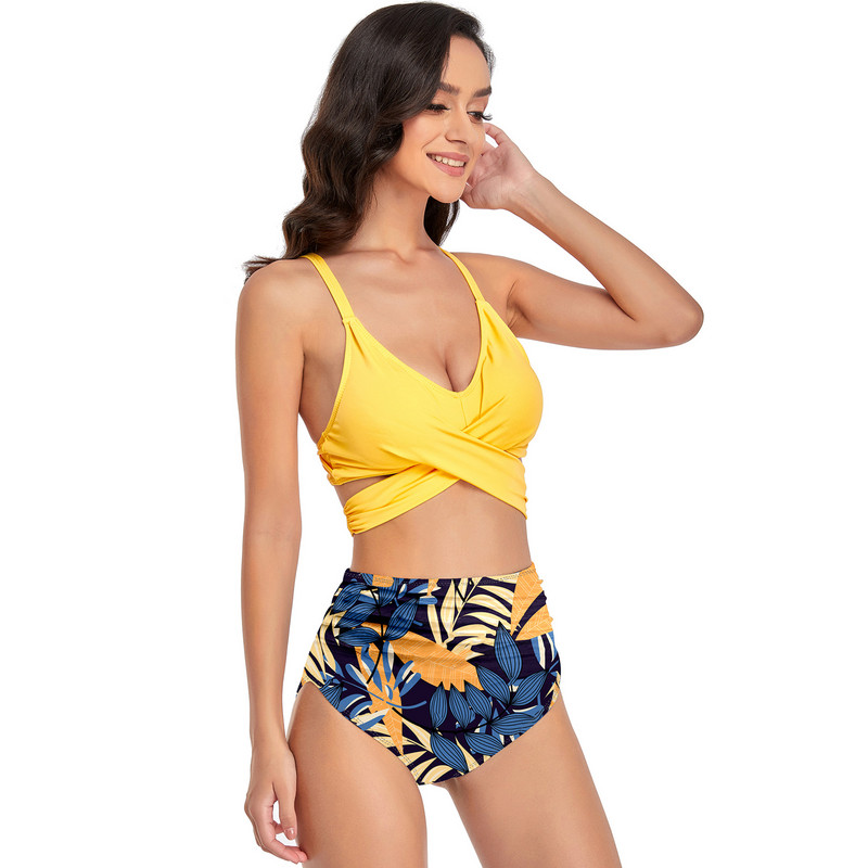 Levelek nyomat magas derekú bikini szett Női mély V nyakú Push Up párnázott kereszt kétrészes fürdőruha Strand fürdőruha Rakott fürdőruha