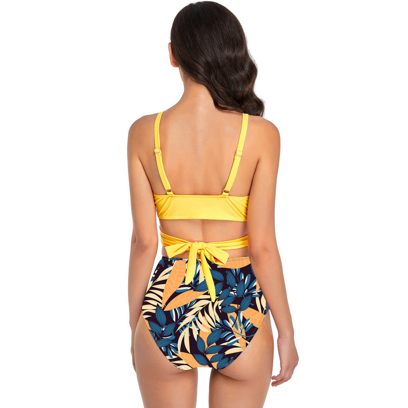 Levelek nyomat magas derekú bikini szett Női mély V nyakú Push Up párnázott kereszt kétrészes fürdőruha Strand fürdőruha Rakott fürdőruha