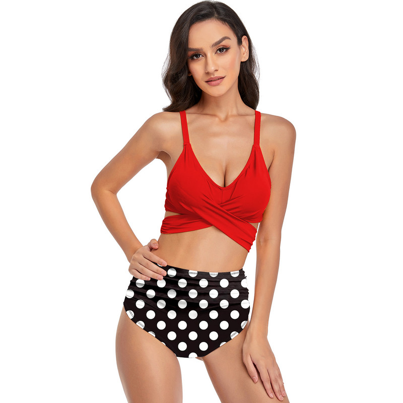 Levelek nyomat magas derekú bikini szett Női mély V nyakú Push Up párnázott kereszt kétrészes fürdőruha Strand fürdőruha Rakott fürdőruha