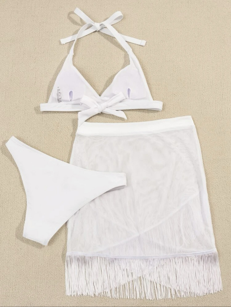 Vienspalvis seksualus trikampis maudymosi kostiumėlis, moteriškas 3 dalių bikinis, 2022 m. Brazilijos vasaros aukšto juosmens marlės sijonas su kutais maudymosi kostiumėlis