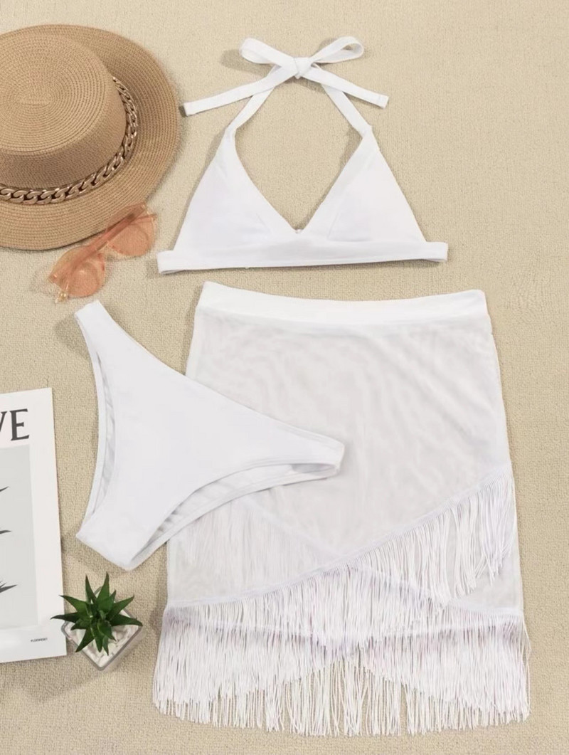 Vienspalvis seksualus trikampis maudymosi kostiumėlis, moteriškas 3 dalių bikinis, 2022 m. Brazilijos vasaros aukšto juosmens marlės sijonas su kutais maudymosi kostiumėlis