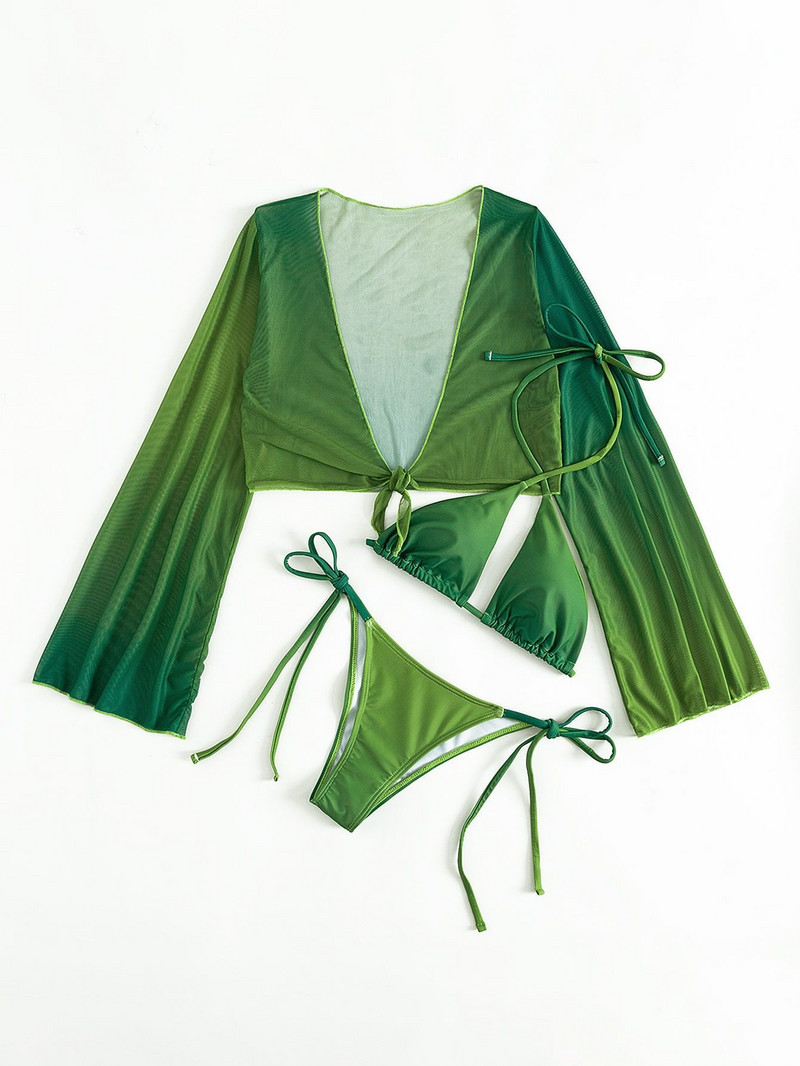 Kupaći kostimi Ženski 2022. Trodijelni bikini s gradijentnom bojom Seksi mrežasti kupaći kostim s v-izrezom Halter Cross Bandage Tange Odjeća za plažu