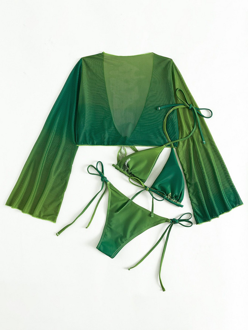 Kupaći kostimi Ženski 2022. Trodijelni bikini s gradijentnom bojom Seksi mrežasti kupaći kostim s v-izrezom Halter Cross Bandage Tange Odjeća za plažu