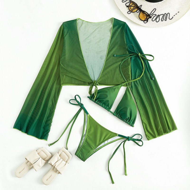 Kupaći kostimi Ženski 2022. Trodijelni bikini s gradijentnom bojom Seksi mrežasti kupaći kostim s v-izrezom Halter Cross Bandage Tange Odjeća za plažu