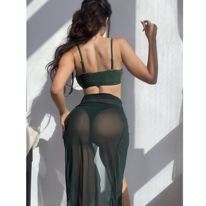 Sexy push-up vystužené 3-dielne bikiny set pre ženy jednofarebné zelené V výstrih sieťovaná sukňa plavky letné plážové plavky biquini