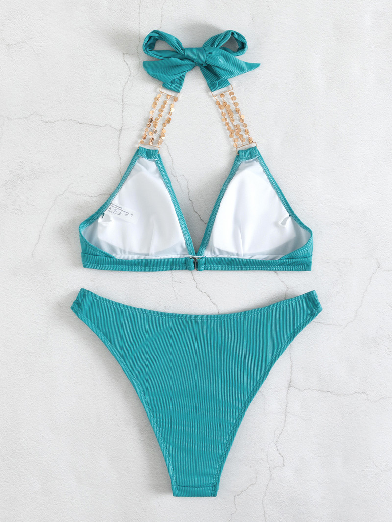 Szexi drágaköves Bling magas derekú bikini szett Női kötőfék Push Up Strasszos fürdőruha Kivágott Beach Hát nélküli fürdőruha fürdőruha