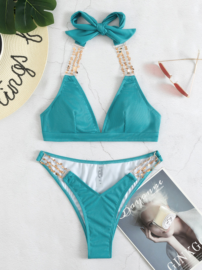 Szexi drágaköves Bling magas derekú bikini szett Női kötőfék Push Up Strasszos fürdőruha Kivágott Beach Hát nélküli fürdőruha fürdőruha
