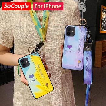 Калъф за държач за телефон SoCouple за iphone 11 12 13 14 Pro Max XR X Xs Max цветен мек TPU калъф за каишка за китка за ремък