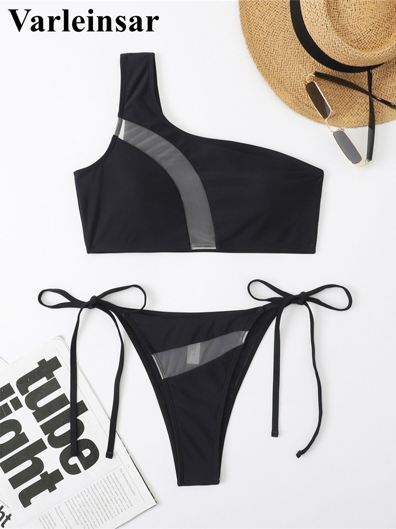 Splicing Mesh Sheer One Shoulder Bikini Női fürdőruha Női fürdőruha Kétrészes bikini szett fürdőruha Swim Lady V4321