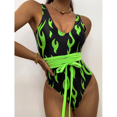 Peachtan szexi egyrészes öltöny Sárga tűzmintás női fürdőruha Magas szabású retro monokini egyrészes fürdőruha női fürdőruha új