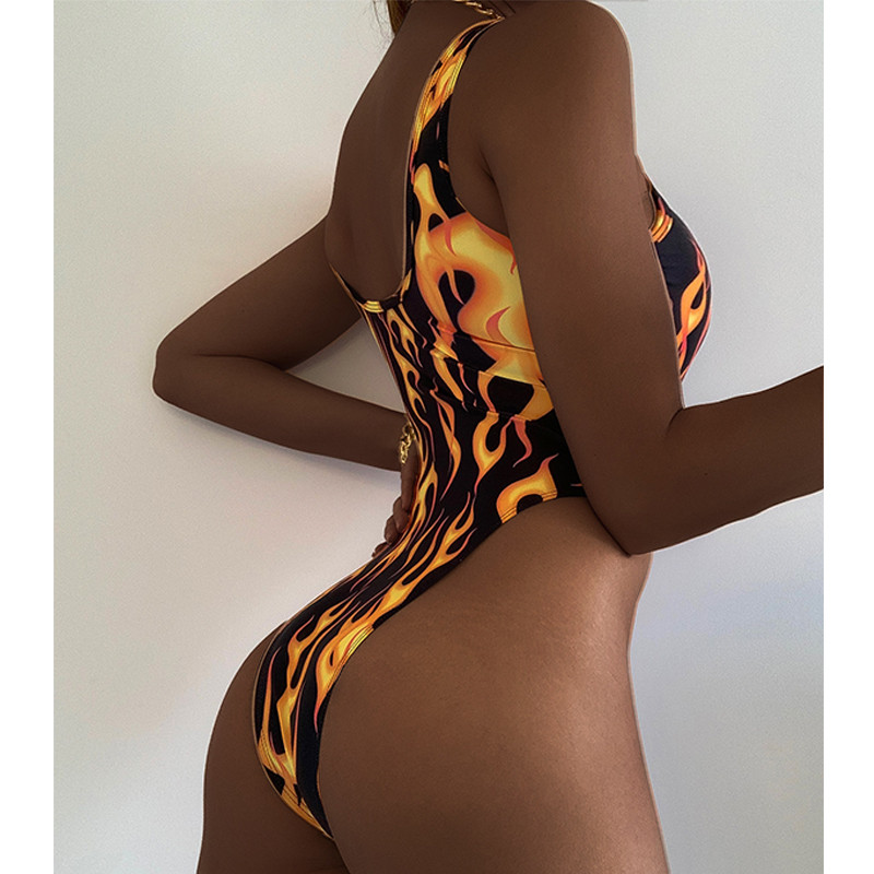 Peachtan szexi egyrészes öltöny Sárga tűzmintás női fürdőruha Magas szabású retro monokini egyrészes fürdőruha női fürdőruha új