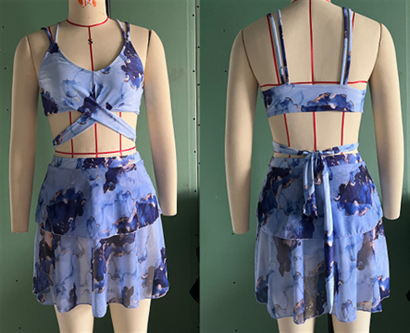 3 цвята) Мраморен принт от три части Секси бикини Бански костюм Плажна пола Бански костюм Дамски бански Моден летен плажен бански костюм