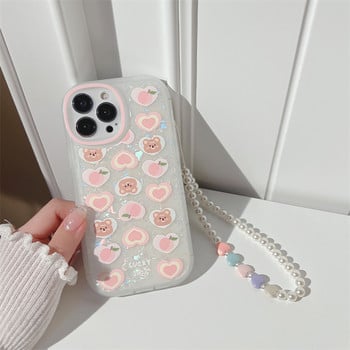 За iphone 11 12 13 Pro Max Mini Phone Case Shell Cute Peach Bear Colorful Love Pearl Hanging Chain За iphone Xr X Xs Max 7 8 P