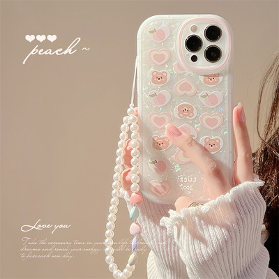За iphone 11 12 13 Pro Max Mini Phone Case Shell Cute Peach Bear Colorful Love Pearl Hanging Chain За iphone Xr X Xs Max 7 8 P