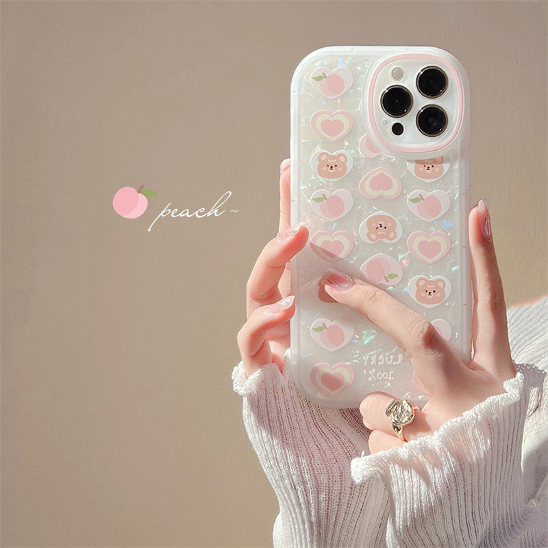 Για iphone 11 12 13 Pro Max Mini Θήκη Τηλεφώνου Κέλυφος Cute Peach Bear Colorful Love Pearl Hanging Chain Για iphone Xr X Xs Max 7 8 P