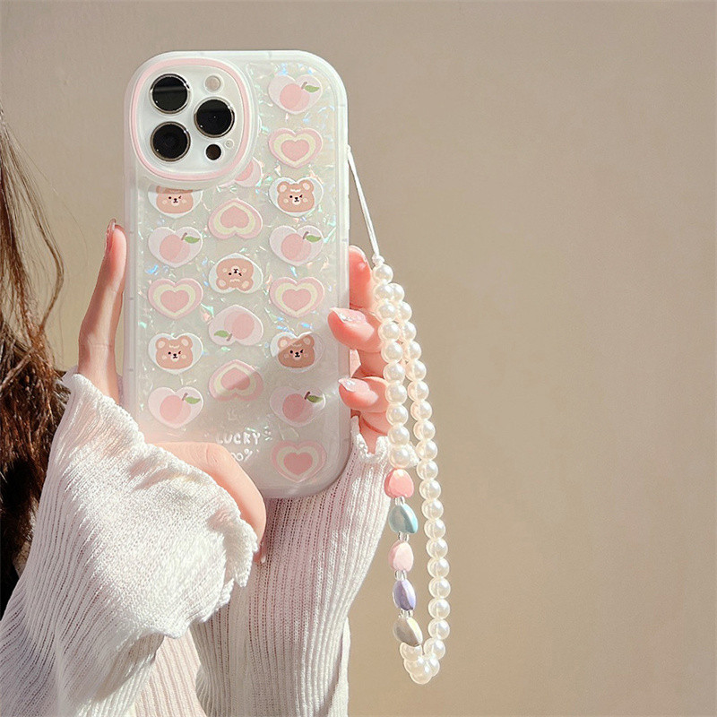 Για iphone 11 12 13 Pro Max Mini Θήκη Τηλεφώνου Κέλυφος Cute Peach Bear Colorful Love Pearl Hanging Chain Για iphone Xr X Xs Max 7 8 P