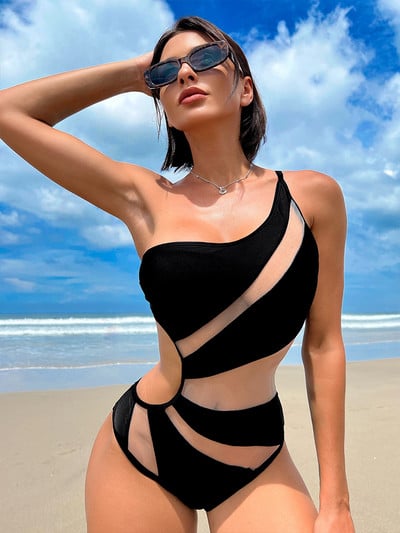 Crni izdubljeni jednodijelni kupaći kostimi Ženski 2023 Seksi monokini bikini s volanima Push Up Ženski kupaći kostim s visokim izrezom